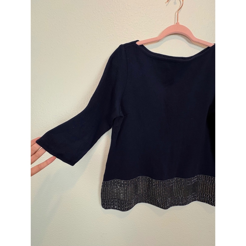 St John Navy Blue Wool Blend Studded Hem Knit Top 3/4 Sleeve Boatneck - Picture 5 of 9
